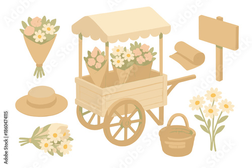 Market Morning Icons. Isometric vector illustration set Market Morning Scene: floral cart, bouquet paper roll, straw hat, wicker