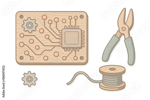 Handcrafted Logic Board. Isometric vector illustration set Workshop Logic Board: handcrafted motherboard with wood grain, copper
