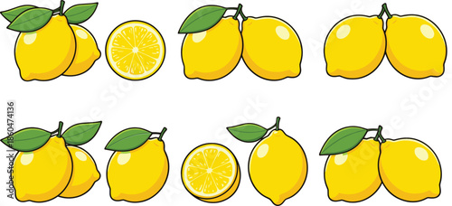 Fresh lemon fruit collection with whole and sliced yellow citrus lemons and green leaves isolated on white background vector illustration