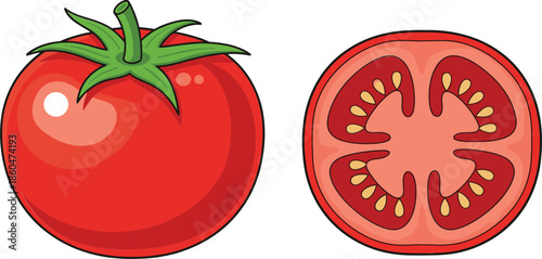 Fresh tomato vegetable illustration with whole and sliced red tomato isolated on white background flat vector design