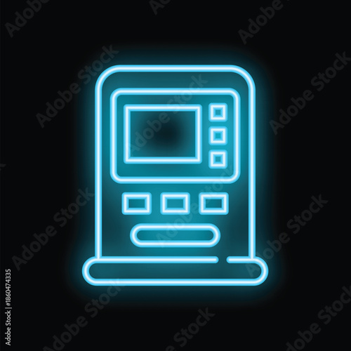 Neon atm machine glowing on a black background, perfect for finance and technology concepts