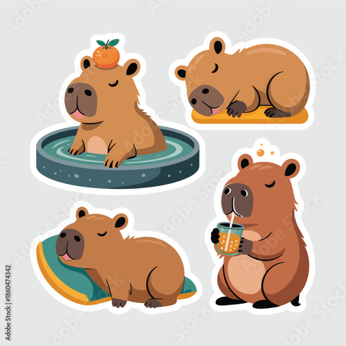 Cute Capybara Sticker Set Vector Illustration: Onsen, Sleeping and Boba