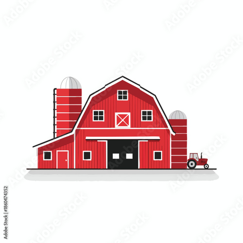 A red barn with two silos and a small tractor. It is a flat, simple drawing