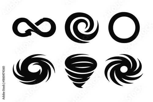 Circular Energy Icons. Solid vector icons of circular energy: loop, spiral, ring, swirl, coil, vortex No text, No labels, isolated