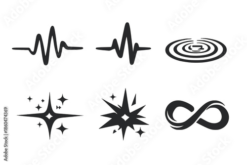 Abstract Signal Icons. Solid vector icons of abstract signals: waveform, pulse, ripple, beam, spark, loop No text, No labels,