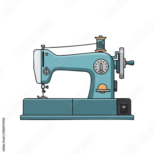 A teal-colored sewing machine illustration with thread spool