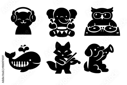 Musical Animal Icons. Solid vector icons of music and animals: cat with headphones, elephant drum, owl DJ, whale piano, fox with