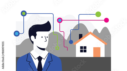 Businessman standing in front of house with smart home technology