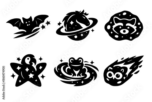 Galactic Animal Icons. Solid style icons of Galactic Animals: bat comet, horse planet, raccoon asteroid, parrot star, frog galaxy,