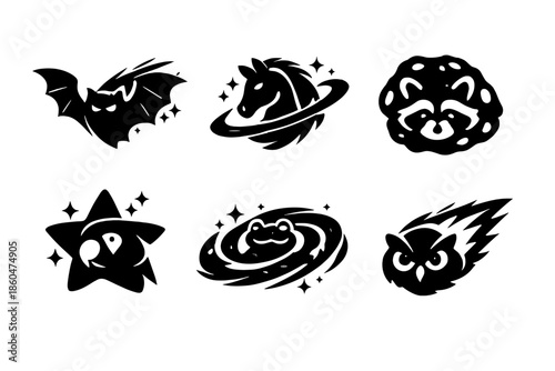 Galactic Animal Icons. Solid style icons of Galactic Animals: bat comet, horse planet, raccoon asteroid, parrot star, frog galaxy,