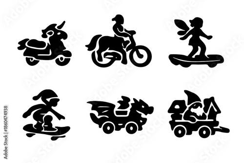Magical Transport Icons. Solid style icons of Magical Transportation: unicorn scooter, centaur bike, fairy hoverboard, elf