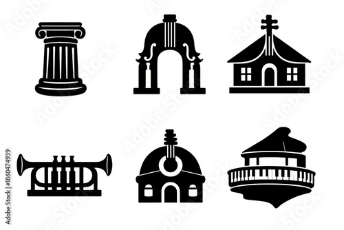 Architectural Instrument Icons. Solid style icons of Architectural Instruments: drum column, cello arch, violin roof, trumpet
