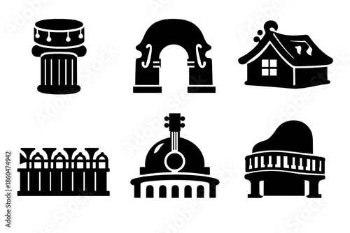 Architectural Instrument Icons. Solid style icons of Architectural Instruments: drum column, cello arch, violin roof, trumpet