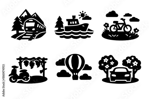 Scenic Transport Icons. Solid style icons of Scenic Transport: train mountain, boat river, bicycle meadow, scooter vine, hot air