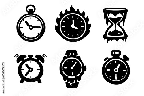 Timepiece Icon Collection. Solid style icons of Time Instruments: pocket watch crystal, wall clock ember, sand timer frost, alarm