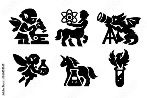 Mythical Science Icons. Solid style icons of Magical Research: microscope elf, atom centaur, telescope dragon, flask fairy, beaker