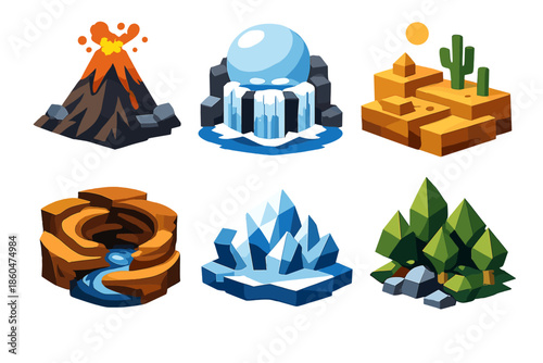 Fantasy Landscape Icons. Solid style icons of Fantasy Landscapes: cone volcano, orb waterfall, block desert, swirl canyon, prism