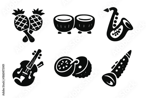Tropical Music Fruits. Solid style icons of Tropical Music Fruits: pineapple maracas, coconut bongos, papaya saxophone,
