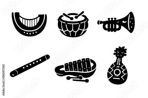 Fruit Instrument Icons. Solid style icons of Sweet Harvest Instruments: melon harp, cantaloupe drum, watermelon trumpet, honeydew