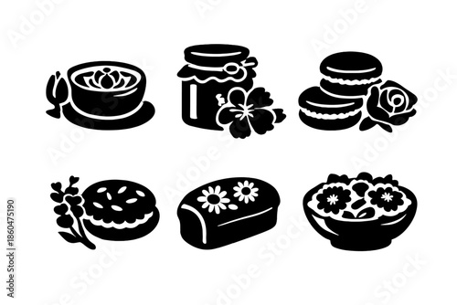 Edible Flower Icons. Solid style icons of Edible Flowers: lotus tea, hibiscus jam, rose macarons, lavender cookie, chamomile bread