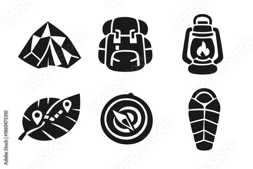 Wilderness Gear Icons. Solid style icons of Wilderness Equipment: tent crystal, backpack pebble, lantern flame, map leaf, compass