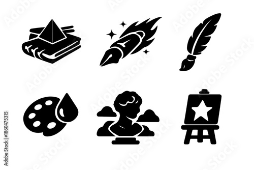 Designer Tools Icons. Solid style icons of Designer Tools: sketchbook prism, pen comet, brush feather, palette droplet, sculpture
