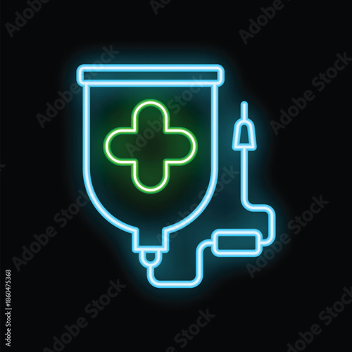 Vibrant neon icon depicting an iv bag, symbolizing medical treatment and healthcare services