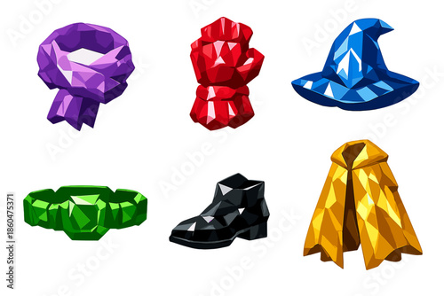 Crystal Wardrobe Icons. Solid style icons of Crystal Wardrobe: amethyst scarf, ruby glove, sapphire hat, jade belt, onyx shoe,