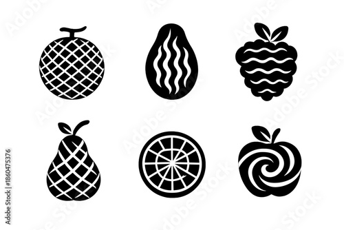 Textured Fruit Icons. Solid style icons of Textured Fruits: melon mesh, papaya ripple, berry wave, citrus grid, pear lattice,
