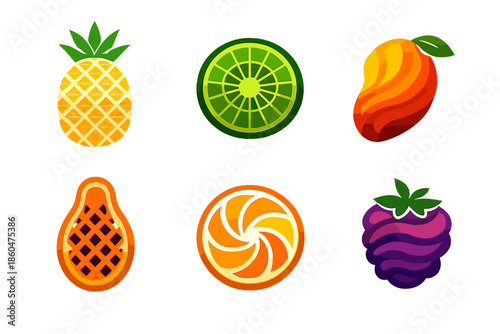 Fruity Geometry Icons. Solid style icons of Fruity Geometry: pineapple grid, kiwi mesh, mango wave, papaya lattice, citrus swirl,