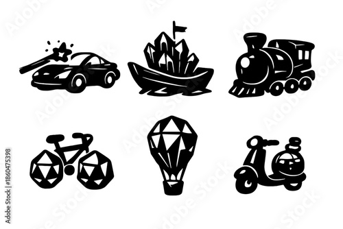 Fantasy Vehicle Icons. Solid style icons of Fantasy Vehicles: car wand, boat crystal, train orb, bicycle prism, hot air balloon