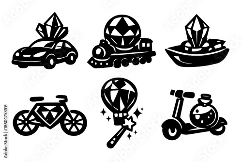 Arcane Vehicle Icons. Solid style icons of Arcane Mobility: car crystal, train orb, boat prism, bicycle gem, hot air balloon wand,