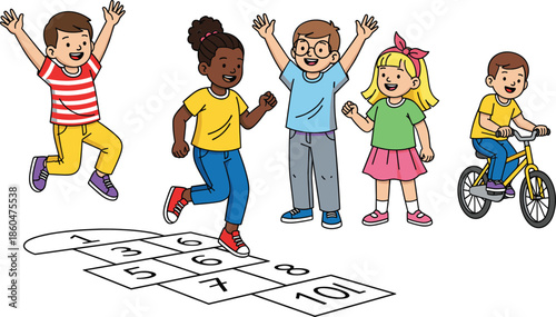 Happy Children Playing Outdoor Games Hopscotch And Bicycle Fun Activity Cartoon Illustration For Childhood Recreation