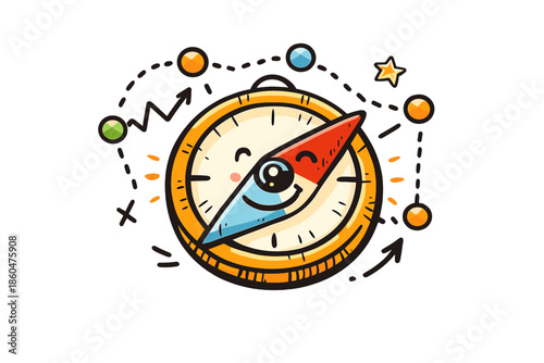 Smiling Compass Icon. Doodle-style vector icon of a strategic navigation tool, compass arrow guided by abstract data dots and