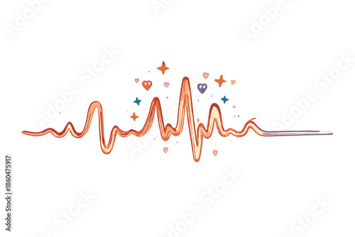 Heart Pulse Doodle. Doodle-style vector icon of a completed pulse timeline, energetic heart-like graph peaks near the finish, calm