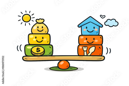 Playful Financial Balance. Doodle-style vector icon of a financial construction system, income blocks supporting expense blocks