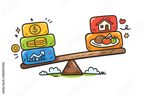 Playful Financial Balance. Doodle-style vector icon of a financial construction system, income blocks supporting expense blocks