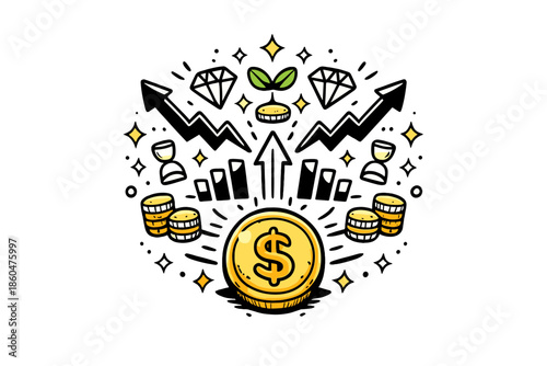 Kaleidoscope Coin Design. Doodle-style vector icon of a kaleidoscopic investment pattern, reflections forming balanced symmetry