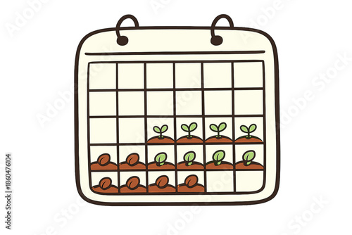 Sprouting January Calendar. Doodle-style vector icon of planning seeds planted in a January calendar grid, tiny sprouts beginning