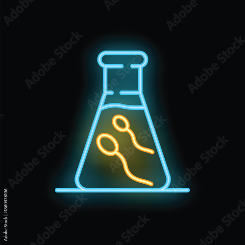 Neon sperm bank icon representing sperm cells stored in a laboratory beaker, symbolizing assisted reproductive technology and fertility treatment