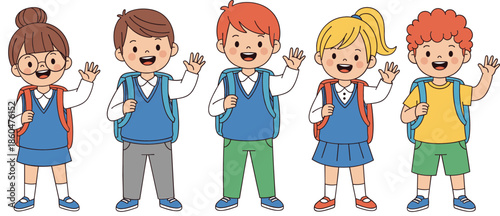 Happy School Children Wearing Uniform And Backpacks Waving Hands Cartoon Illustration For Education Concept
