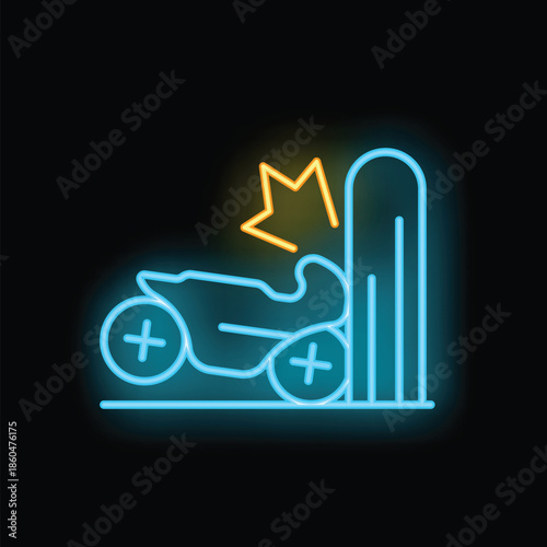 Glowing neon icon of a motorcycle accident with a motorcycle crashing into a wall