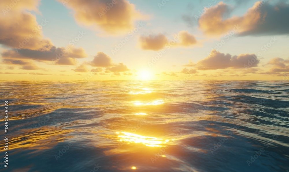 Fototapeta premium Golden sunrise over a tranquil ocean, with soft waves reflecting the sky's warm colors.