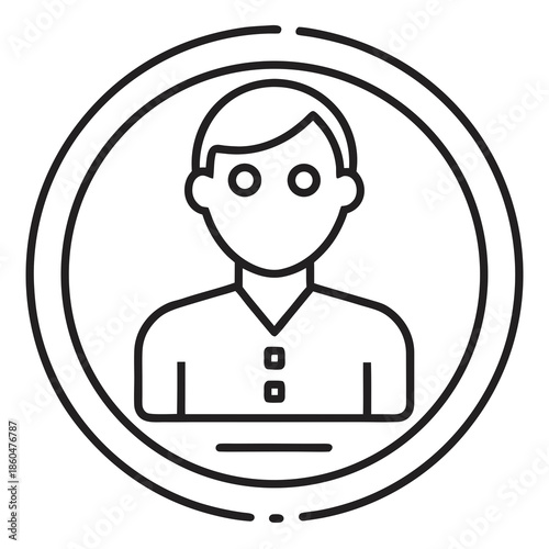 Simple line drawing of a man's head and shoulders in a circle