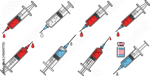 Medical syringe and injection icons collection with vaccine doses and blood drops isolated on white background vector illustration