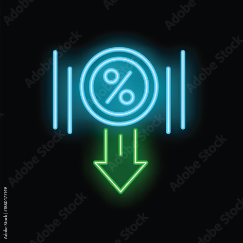 Blue neon percentage symbol with green down arrow representing decreasing interest rate