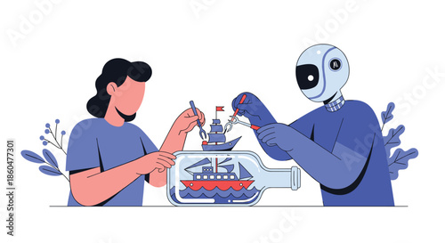 Detailed craftsmanship and collaboration shown by a woman and an AI robot meticulously building a complex ship in a bottle.