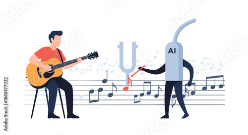 Man playing an acoustic guitar receives help from an AI-powered tuning fork character, ensuring his instrument is perfectly in tune.
