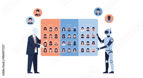 Businessman and an AI robot collaborate on audience segmentation, organizing diverse user profiles into distinct target groups.