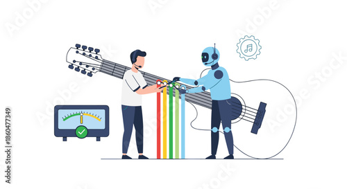 Human musician and an AI robot collaborate on tuning a giant guitar, representing teamwork in music creation and sound engineering.